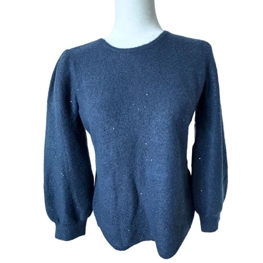 Chico’s Y2K Sequin Pullover Puff Sleeve Midnight Blue Sweater SZ S NWT